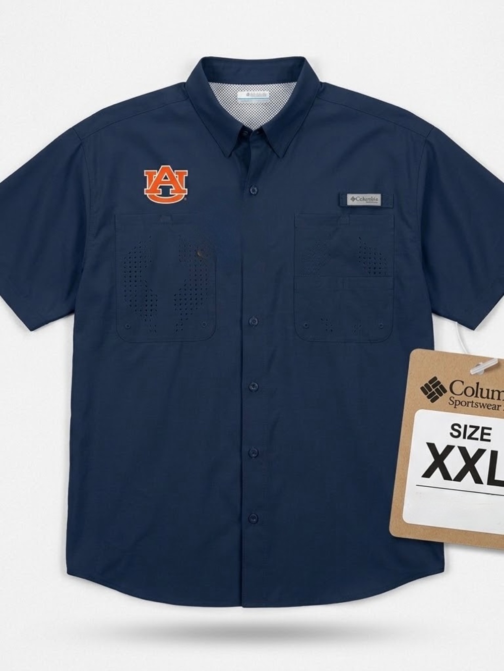 Columbia PFG Auburn Tigers AU Fishing Shirt Men's XXL Navy Blue Short Sleeve